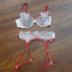 Floral Embroidered Lingerie Bra Garter Set Red and Teal Feminine